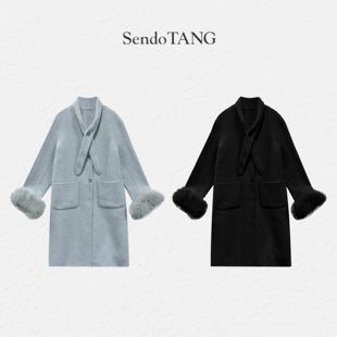 高级感简约中长款 狐狸毛羊毛大衣外套 冬新款 胖多大码 贵夫人