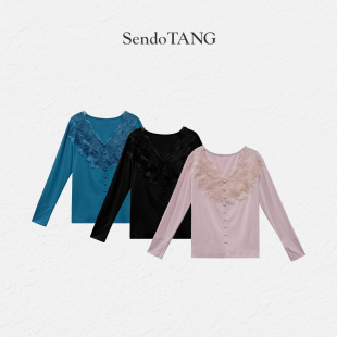 汐柔 上衣 胖多大码 新款 打底上衣 法式 时髦洋气修身 V领重工长袖