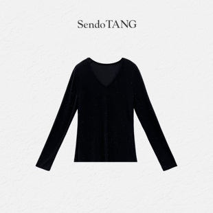 V领亮钻长袖打底上衣【静谧】胖多女装气质显瘦遮肉简约百搭上衣