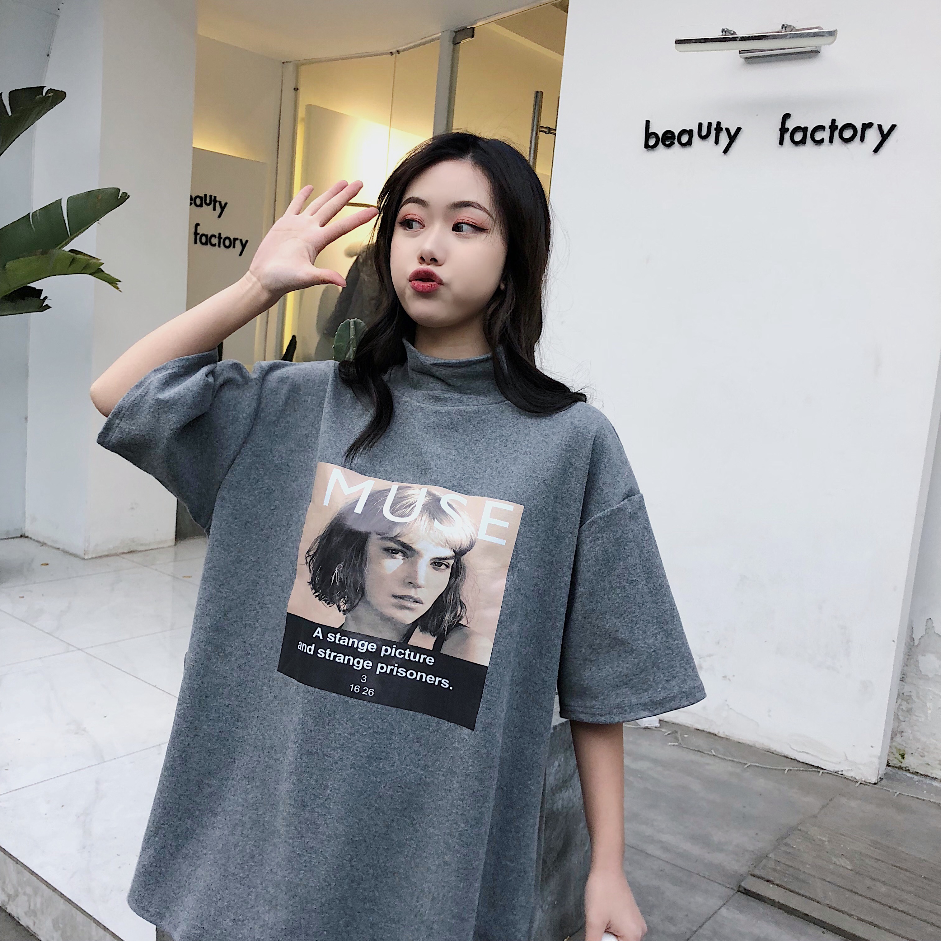 Real photo 2021 new summer loose character letter half high collar medium length short sleeve T-shirt