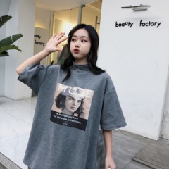 Real photo 2021 new summer loose character letter half high collar medium length short sleeve T-shirt