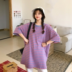 Real shot 2021 spring super hot Korean loose and versatile medium long stripe age reducing short sleeve girl