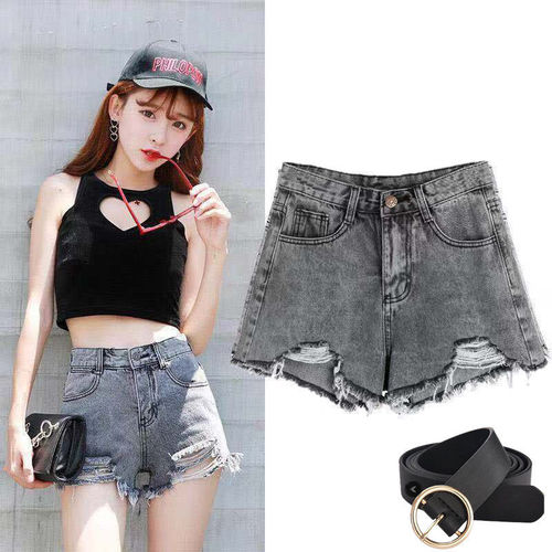 Grey denim shorts women's Summer High Waist Wide Leg Pants Student Korean loose versatile burr hole hot pants