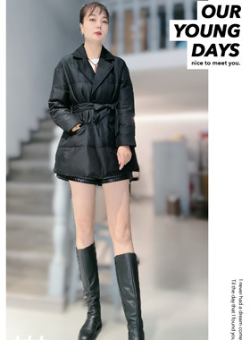 欧洲站冬季新款精品女装 修身绑带羽绒服中长款气质鹅绒F-1202