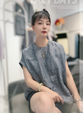 TULLE&TULIP欧洲站复古文艺亚麻短袖圆领蕾丝边口袋装饰上衣夏