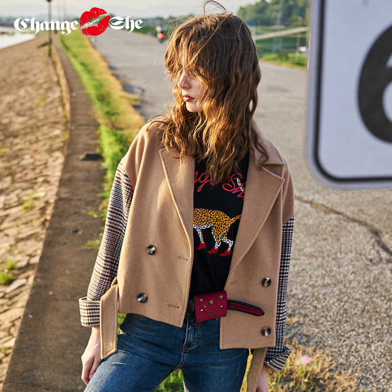 change she千细2020春季新款韩版宽松呢子外套赫本风潮上衣西装