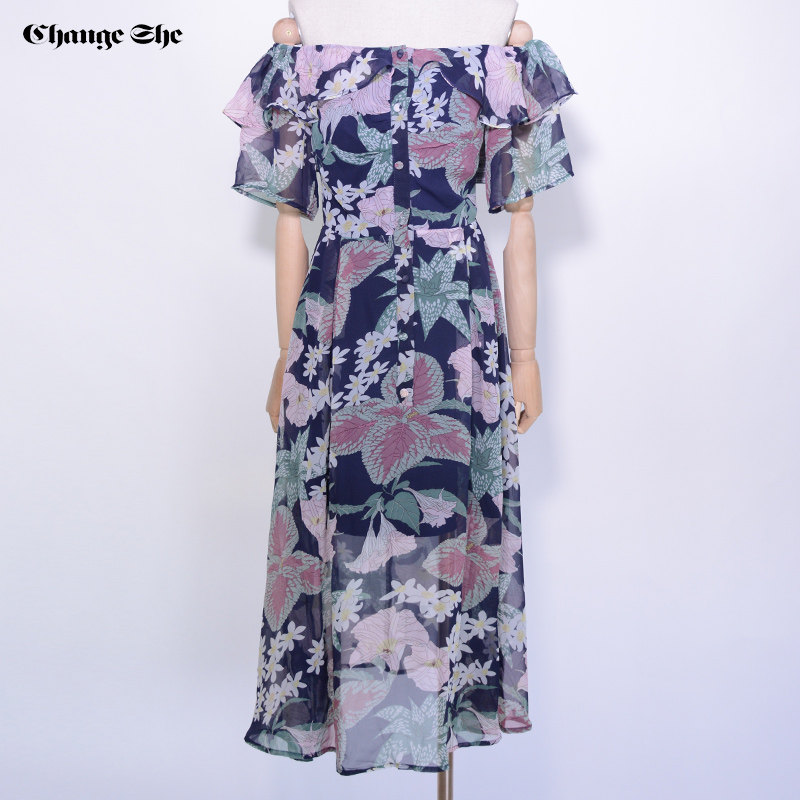 change she千细2020春季新款一字肩气质印花短袖连衣裙沙滩裙