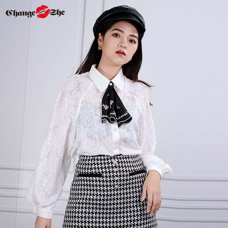 change she千细2020新款设计感小众网纱拼接透视宽松百搭雪纺上衣
