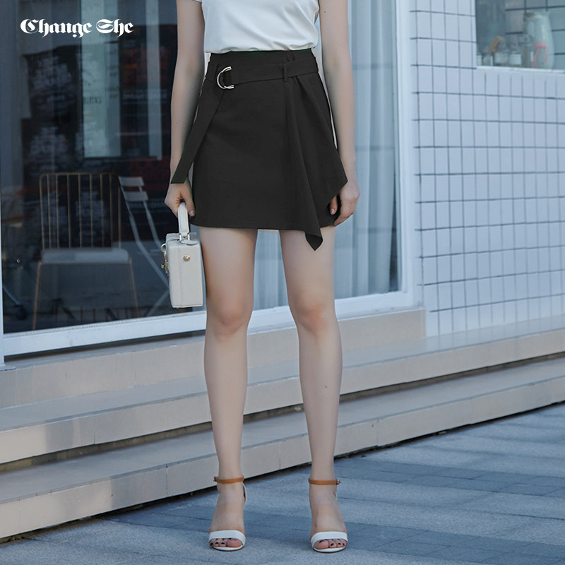 千细change she2019夏季新款简约腰带高腰显瘦纯色半身裙短裙女