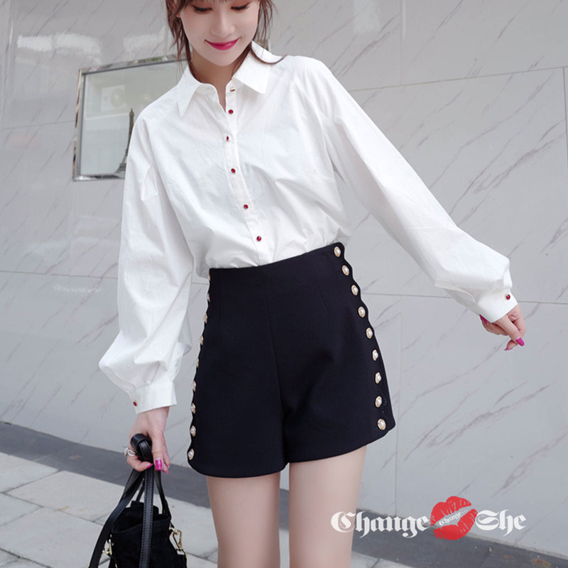 千细change she2020春季新款双排扣a字短裤高腰显瘦宽松阔腿裤女