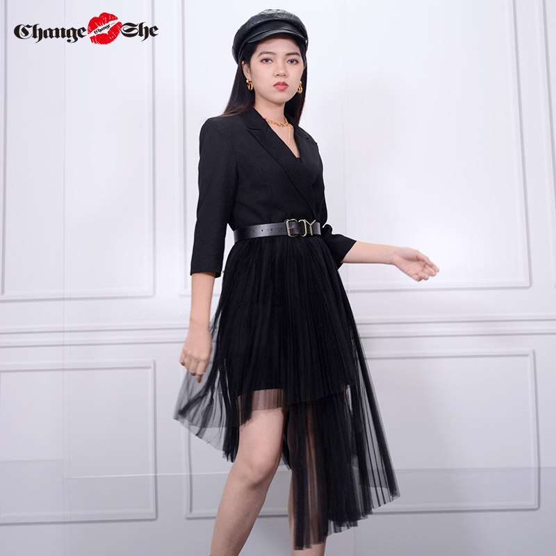 change she千细2020新款秋季通勤黑色不对称设计西装连衣裙