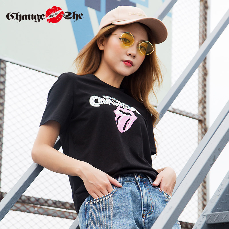 change she千细2020新款黑色圆领短袖t恤女搞怪嘴唇图案百搭休闲