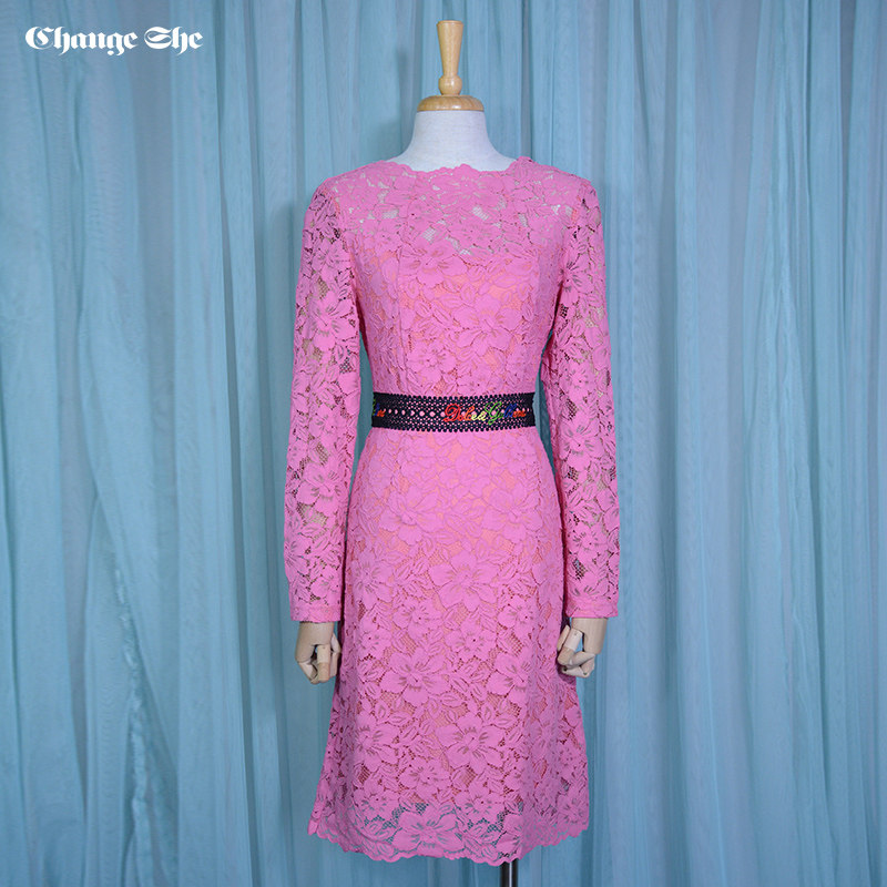 change she千细2020春装新款长袖收腰显瘦连衣裙时尚蕾丝镂空女裙
