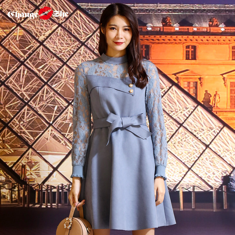 change she千细2020新款春秋季商务OL气质蕾丝长袖连衣裙女