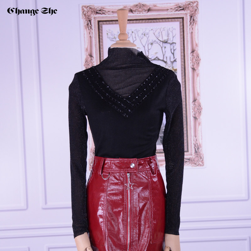 change she千细2020春装新款高领网纱小衫修身收腰长袖打底衫女