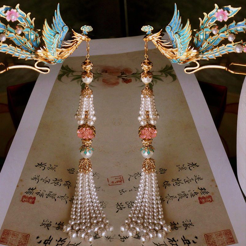 原创手作仿烧蓝古风珍珠流苏