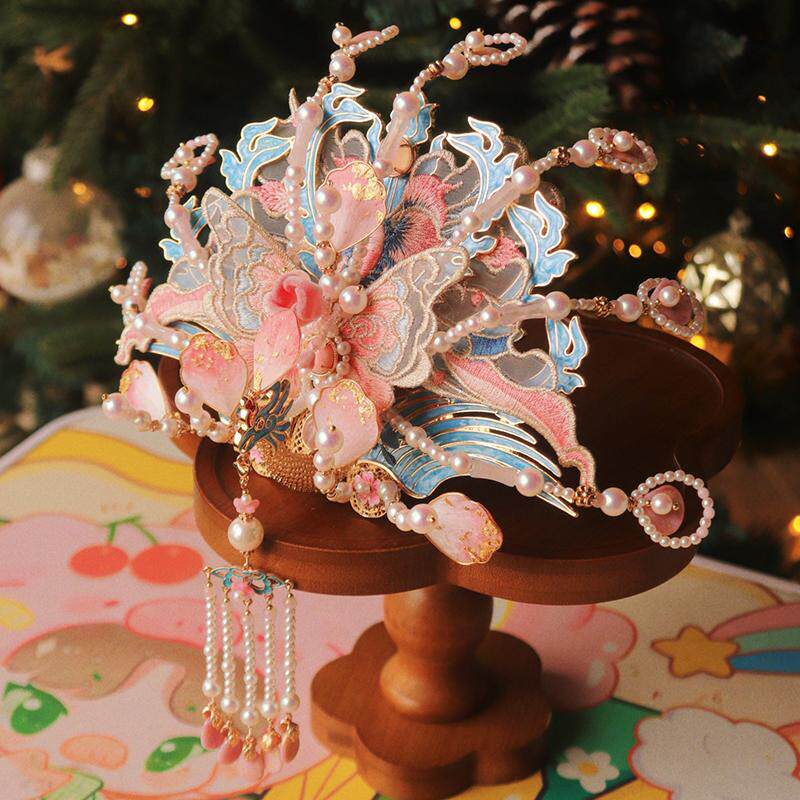 嗷呜原创粉凤冠 绒花古风汉服发冠套装 凤凰发冠烧蓝发饰新娘头饰,饰品/流行首饰/时尚饰品新,发饰,淘宝优惠券,粉丝福利购,淘宝优惠卷