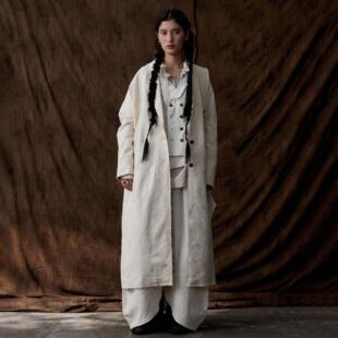 外套 秋冬亚麻棉提花长款 InchLim 不对称结构大衣 半边领
