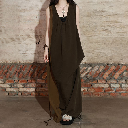 真丝干丝拼接绑带无袖连衣裙