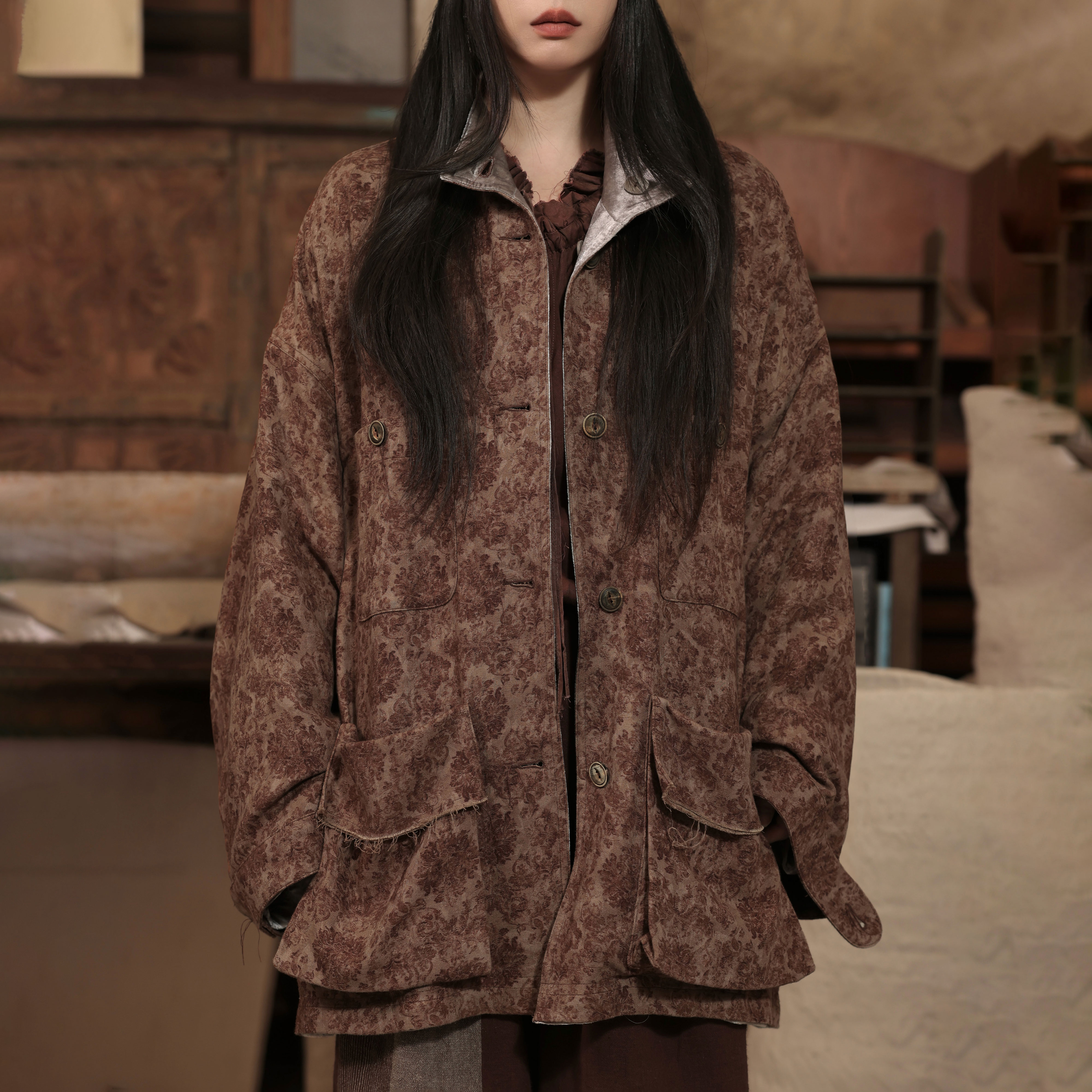 两面穿撞料棉麻提花真丝绒外套