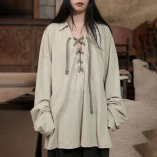 InchLim 上衣 系带翻领 亚麻棉工匠感无性别宽松T恤早秋设计感长袖