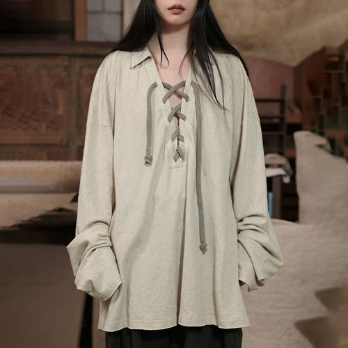 无性别系带翻领宽松T恤