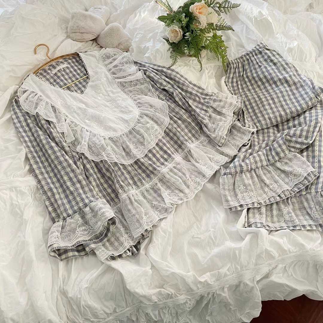 仙女风睡衣女春夏纯棉套装蕾丝甜美公主风韩版少女家居服两件套