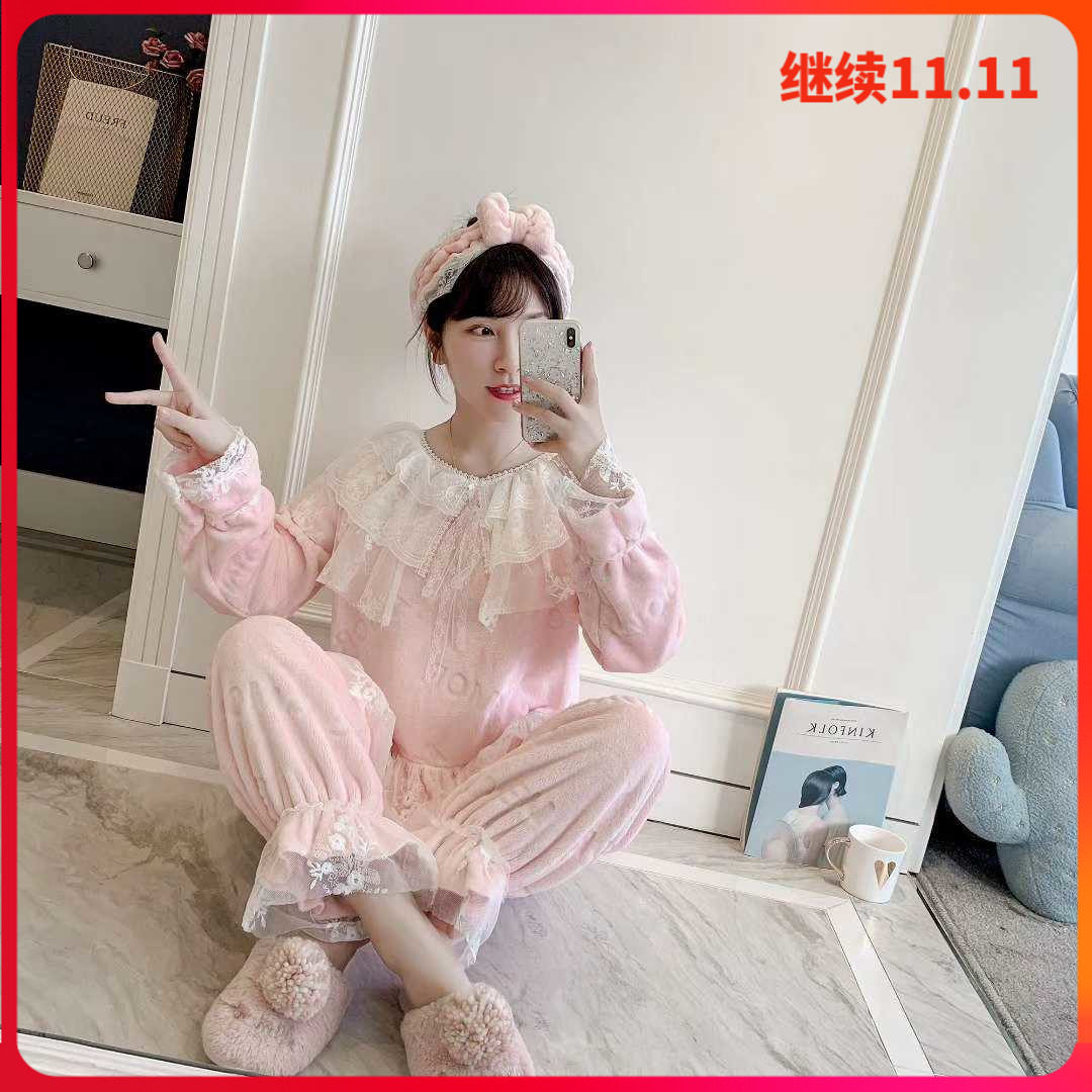 睡衣女秋冬珊瑚绒法兰绒睡衣仙气宫廷复古蕾丝拼接睡衣公主睡衣