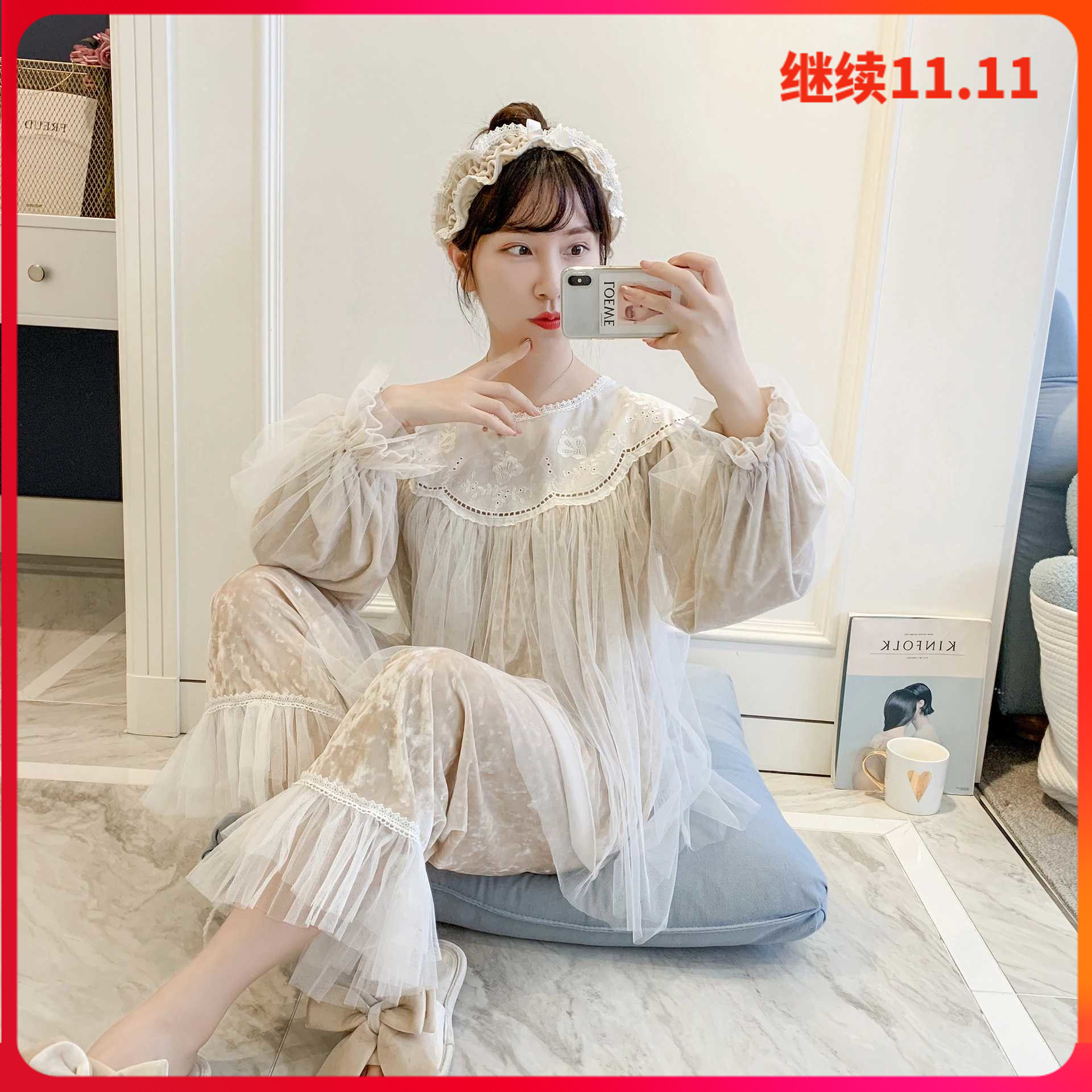 仙女风睡衣女秋冬金丝绒套装蕾丝甜美公主风韩版少女家居服两件套