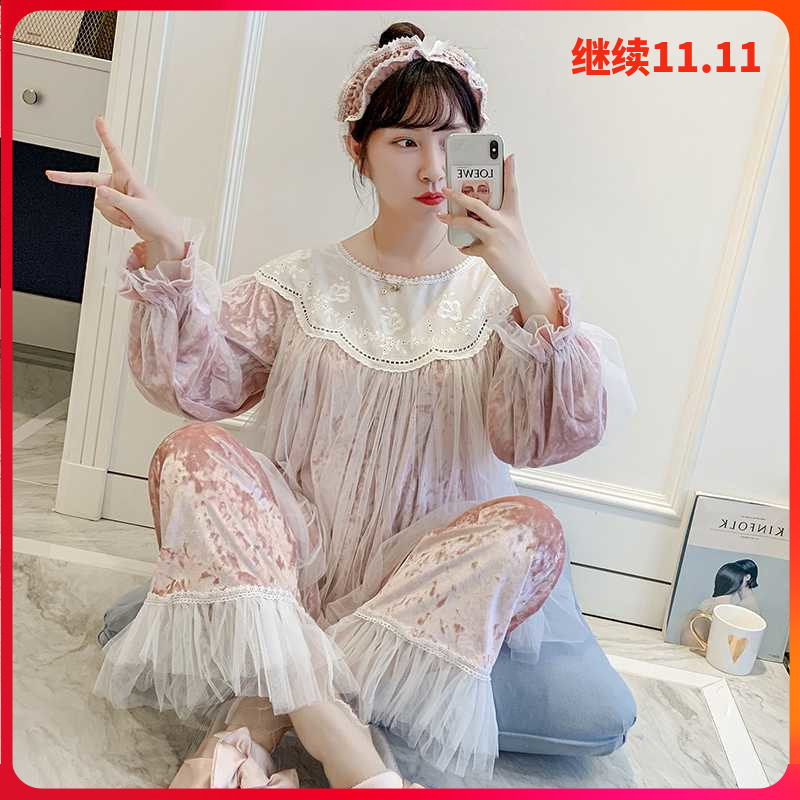 仙女风睡衣女秋冬金丝绒套装蕾丝甜美公主风韩版少女家居服两件套