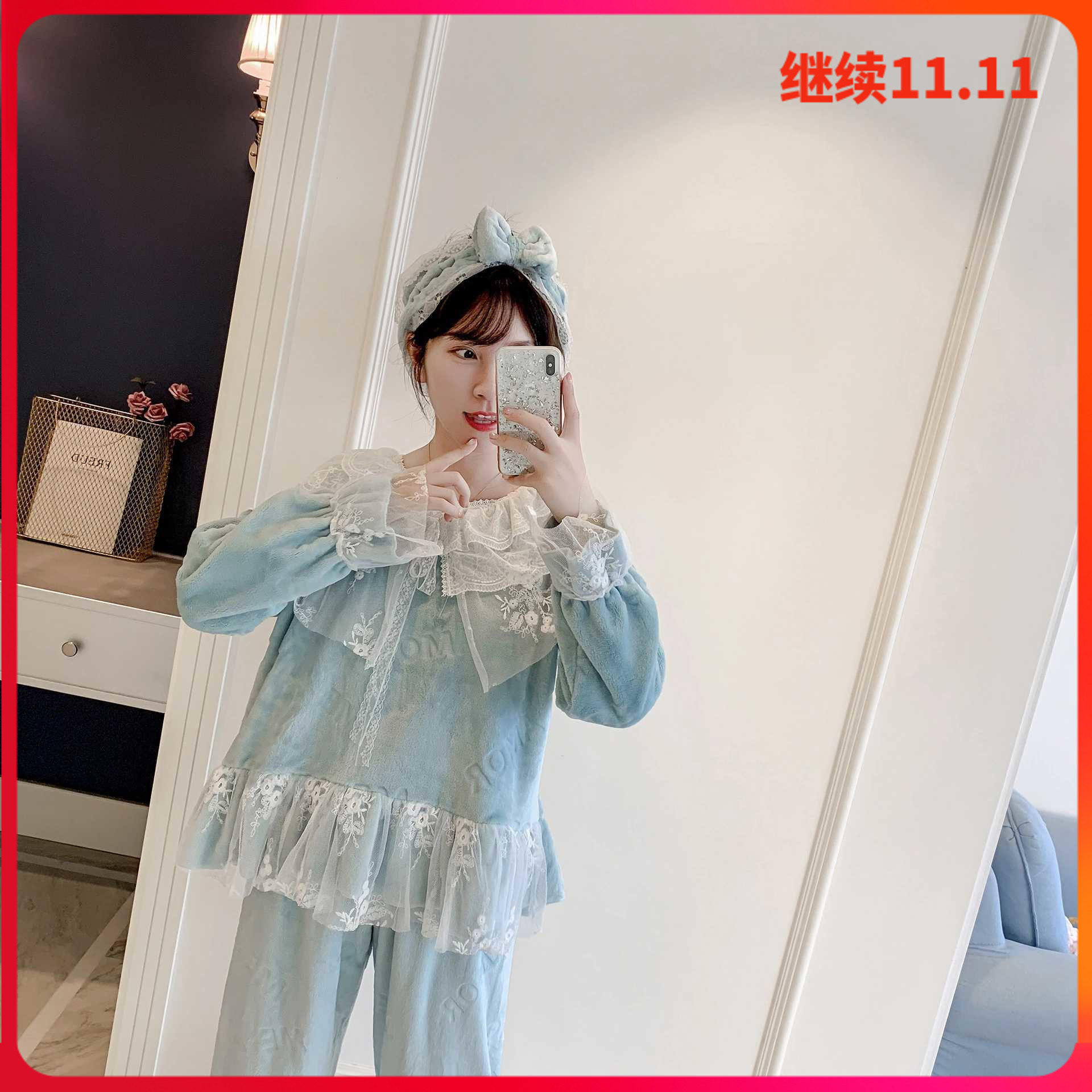 睡衣女秋冬珊瑚绒法兰绒睡衣仙气宫廷复古蕾丝拼接洛丽塔公主睡衣