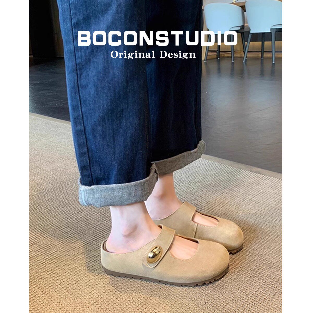 内增高5cm~真皮勃肯鞋女包头拖2025秋冬新款外穿博肯鞋厚底半拖鞋