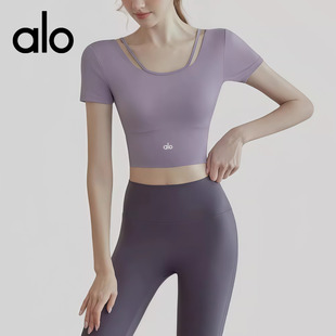 Alo瑜伽服女夏季新款高级感运动上衣跑步训练健身服短袖套装修身