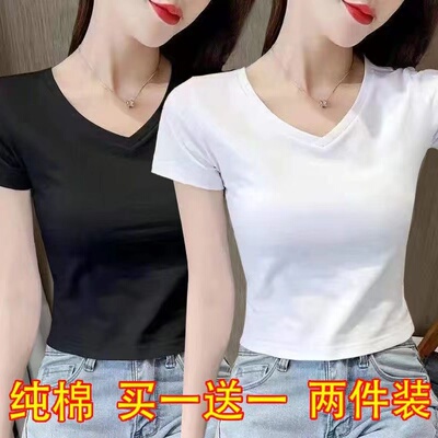 纯棉短袖t恤女2026夏季新款高腰修身显瘦百搭纯色休闲短款上衣潮
