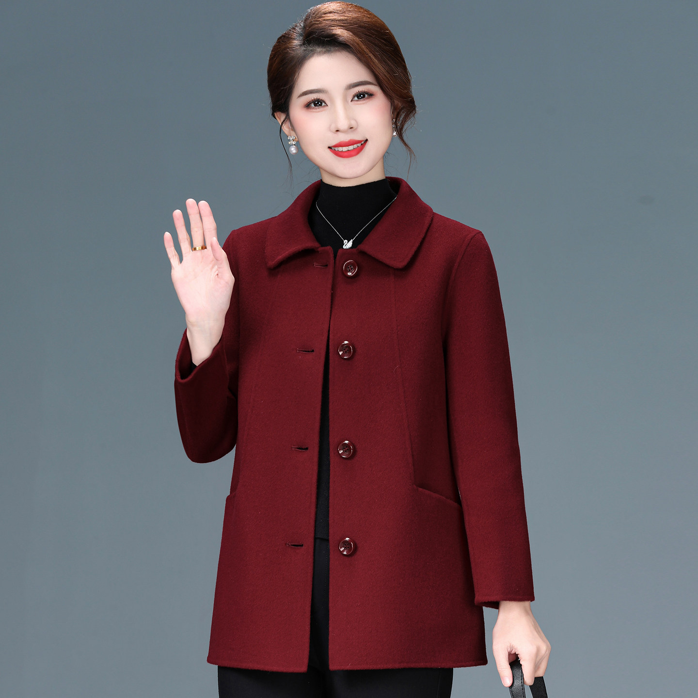 高端双面呢羊毛大衣女新款百搭上中老年女装