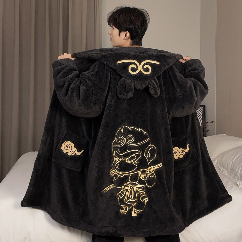珊瑚绒睡袍男士冬季加绒加厚款法兰绒青年卡通学生浴袍家居服套装