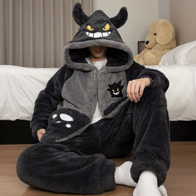 珊瑚绒睡衣男款秋冬季长袖加厚加绒卡通学生法兰绒大码家居服套装