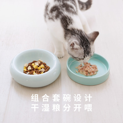 促麻薯一碗两用贪吃猫碗陶瓷猫食盆保护脊椎猫碗套装带架子防打品