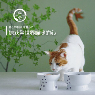日本人气Necoichi猫壹快乐食光高脚陶瓷食碗平口碗刻度水碗易清洁