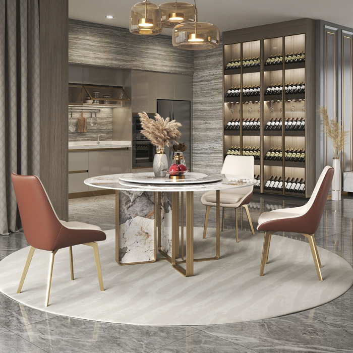 意式轻奢岩板圆形餐桌带转盘