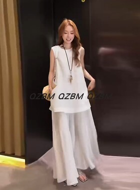 2026春夏新款度假风白色假两件无袖套装女显瘦松弛感穿搭简约
