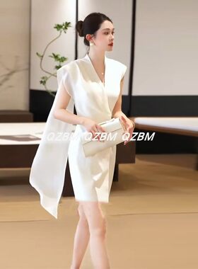 白色V领无袖连衣裙女中长款收腰开叉职业装轻奢百搭气质包臀裙