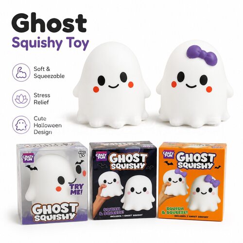 Crazy Fun Ghost Squishy 疯狂乐趣幽灵捏捏玩具白色紫色蝴蝶结批