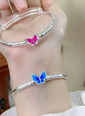S999足银蝴蝶竹节实心推拉手镯珐琅时尚百搭年轻女款童镯满月礼物