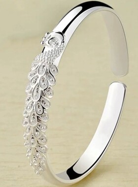 孔雀纯银手镯女万足9999实心银镯子花丝银饰银手环送妈妈女友礼物