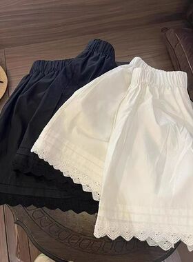 黑色蕾丝花边拼接休闲短裤女装夏季新款宽松百搭小个子家居阔腿裤