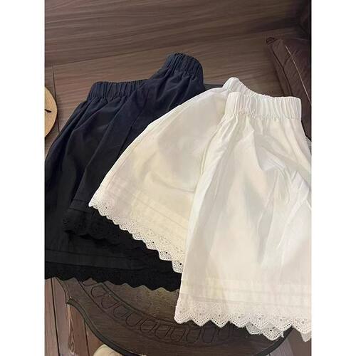 夏季黑色蕾丝高腰阔腿短裤女