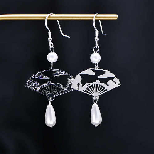 古风流苏长款新中式珍珠扇子耳环