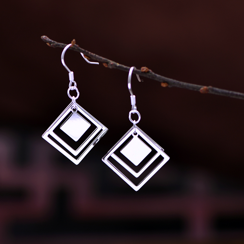 高级防过敏菱形纯银999纯银耳环