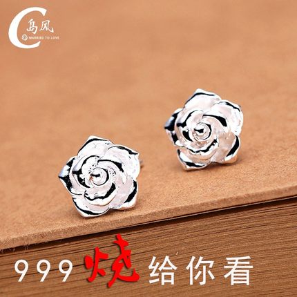 韩睡觉不用摘999纯银耳钉女玫瑰花朵99简约个性气质防过敏弯钩潮